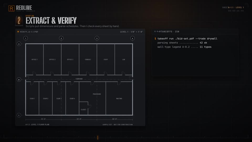 Step 2, extract and verify: a floor plan beside a terminal parsing sheets
