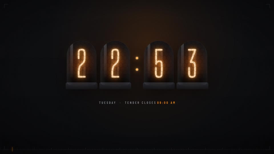 Nixie tube clock reading 22:53, tender closes 9 AM
