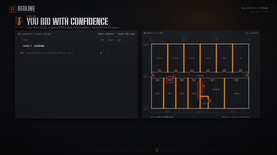 Step 3, bid with confidence: line-item sheet and marked-up plan